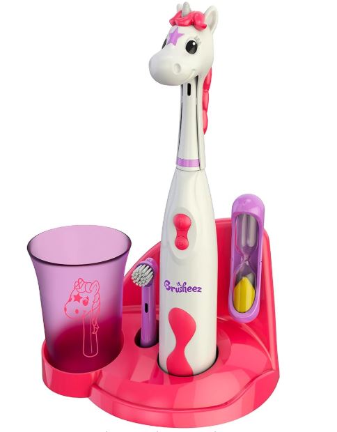Cepillo de dientes eléctrico Brusheez para niños: seguro y eficaz para niños de 3 años en adelante. Probado y aprobado por padres. Cerdas suaves, 2 cabezales, vaso de enjuague, temporizador de 2 minutos y base de almacenamiento (Sparkle The Unicorn).