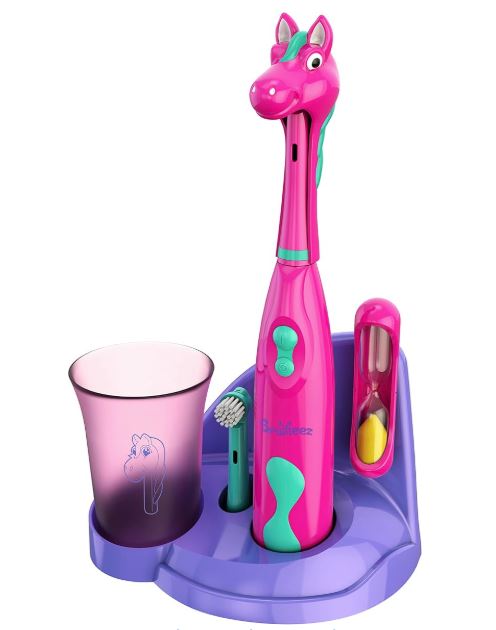 Cepillo de dientes eléctrico Brusheez para niños: seguro y eficaz para niños de 3 años en adelante. Probado y aprobado por padres. Cerdas suaves, 2 cabezales, vaso de enjuague, temporizador de 2 minutos y base de almacenamiento (Sparkle The Unicorn).