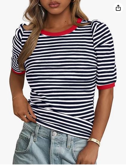 PRETTYGARDEN - Blusas de verano para mujer con mangas abullonadas, top corto informal de punto acanalado con bloques de color, camisas de rayas con cuello redondo a la moda